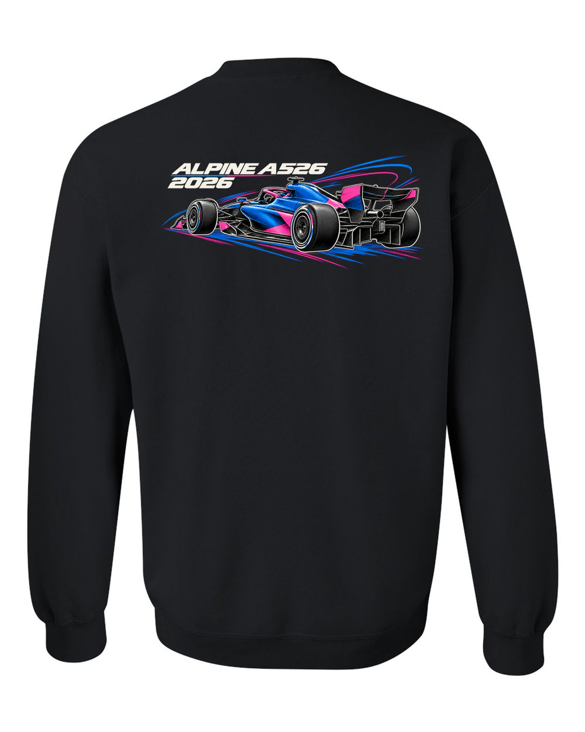 Alpine A526 2026 F1 car technical poster artwork black crewneck back view with the design
