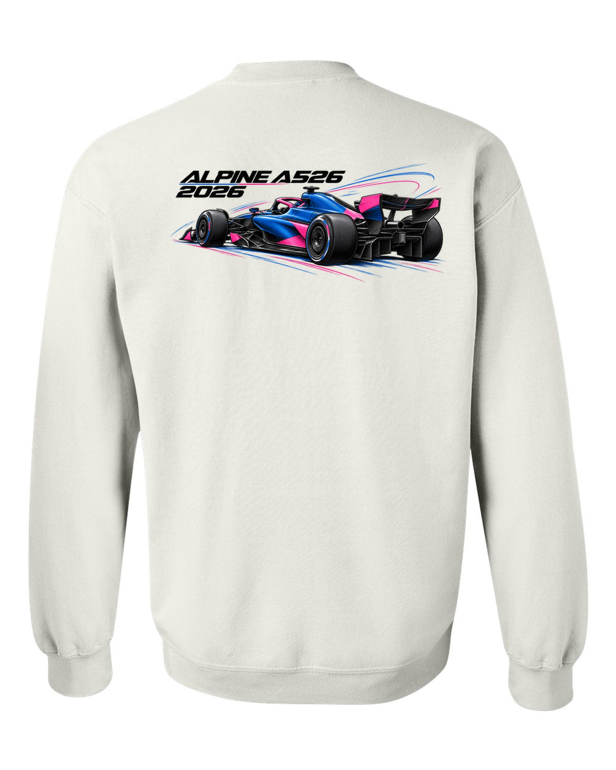 Alpine A526 2026 F1 car technical poster artwork white crewneck back view with the design