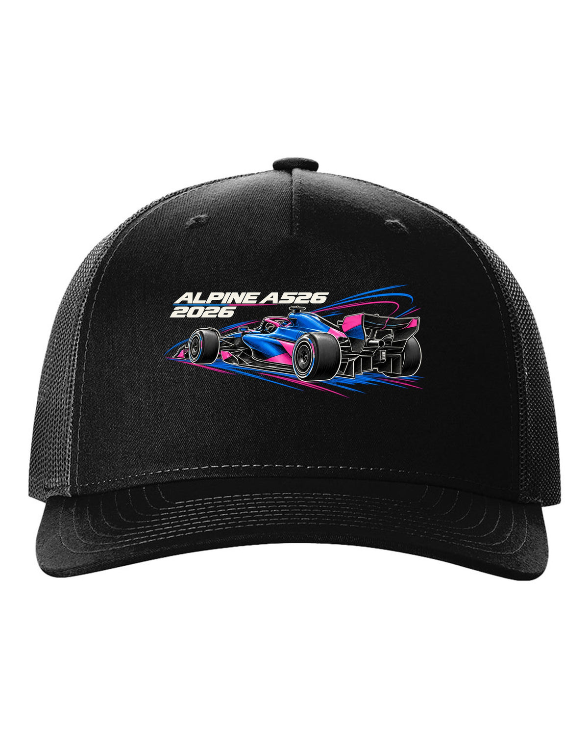 Alpine A526 2026 F1 car technical poster artwork black hat front view with the design