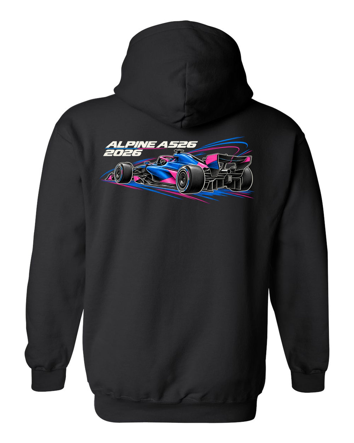 Alpine A526 2026 F1 car technical poster artwork black pull over hoodie back view with the design