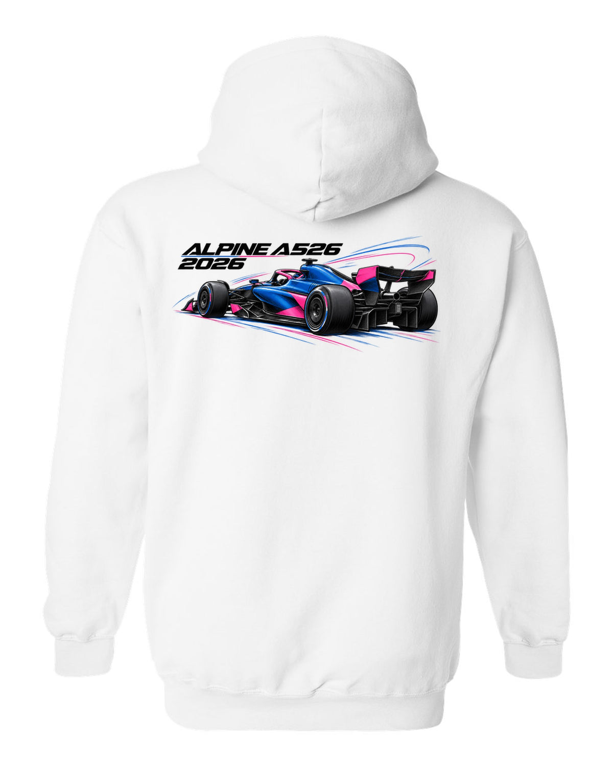 Alpine A526 2026 F1 car technical poster artwork white pull over hoodie back view with the design