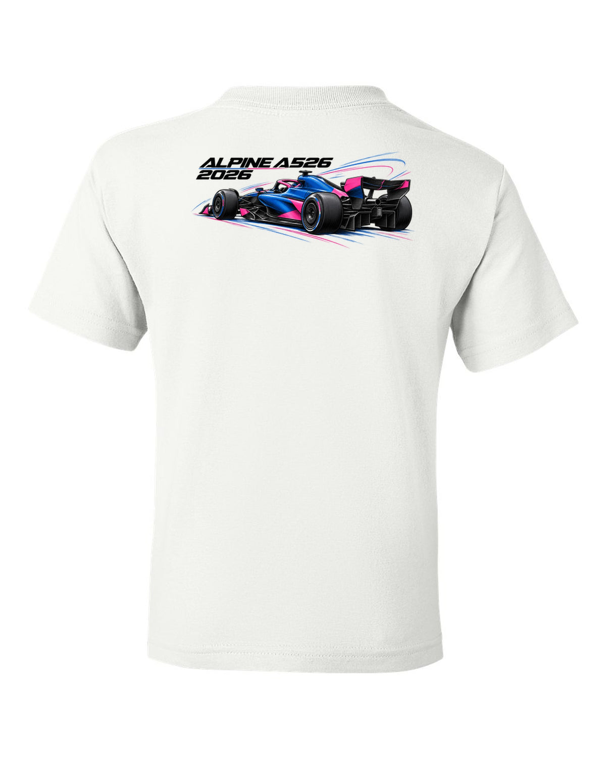 Alpine A526 2026 F1 car technical poster artwork white kids tee back view with the design
