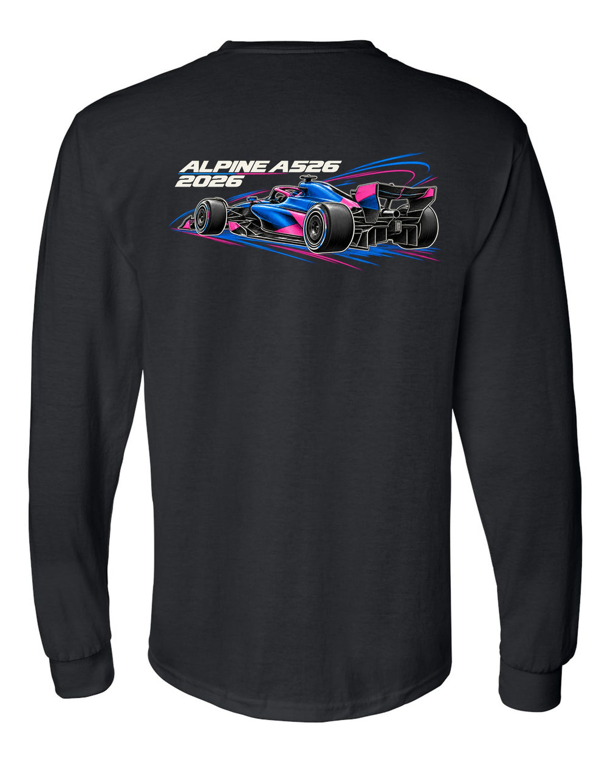 Alpine A526 2026 F1 car technical poster artwork black long sleeve back view with the design
