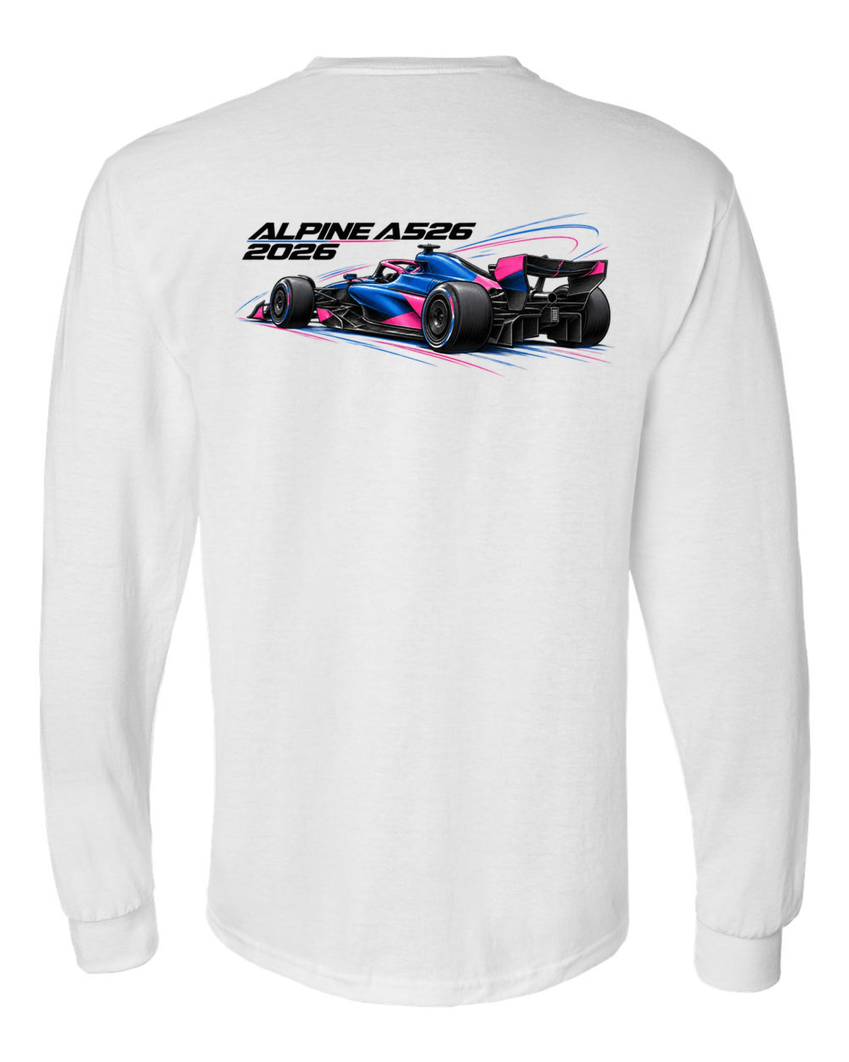 Alpine A526 2026 F1 car technical poster artwork white long sleeve back view with the design
