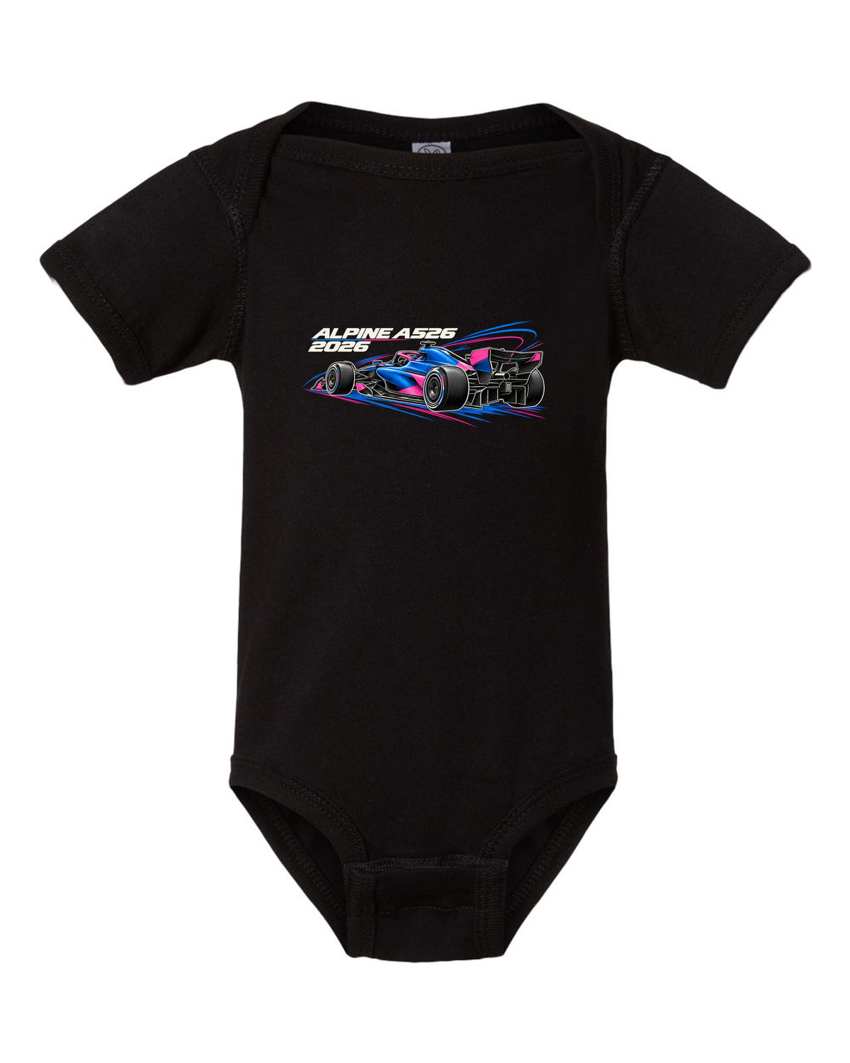 Alpine A526 2026 F1 car technical poster artwork black baby onesie front view with the design