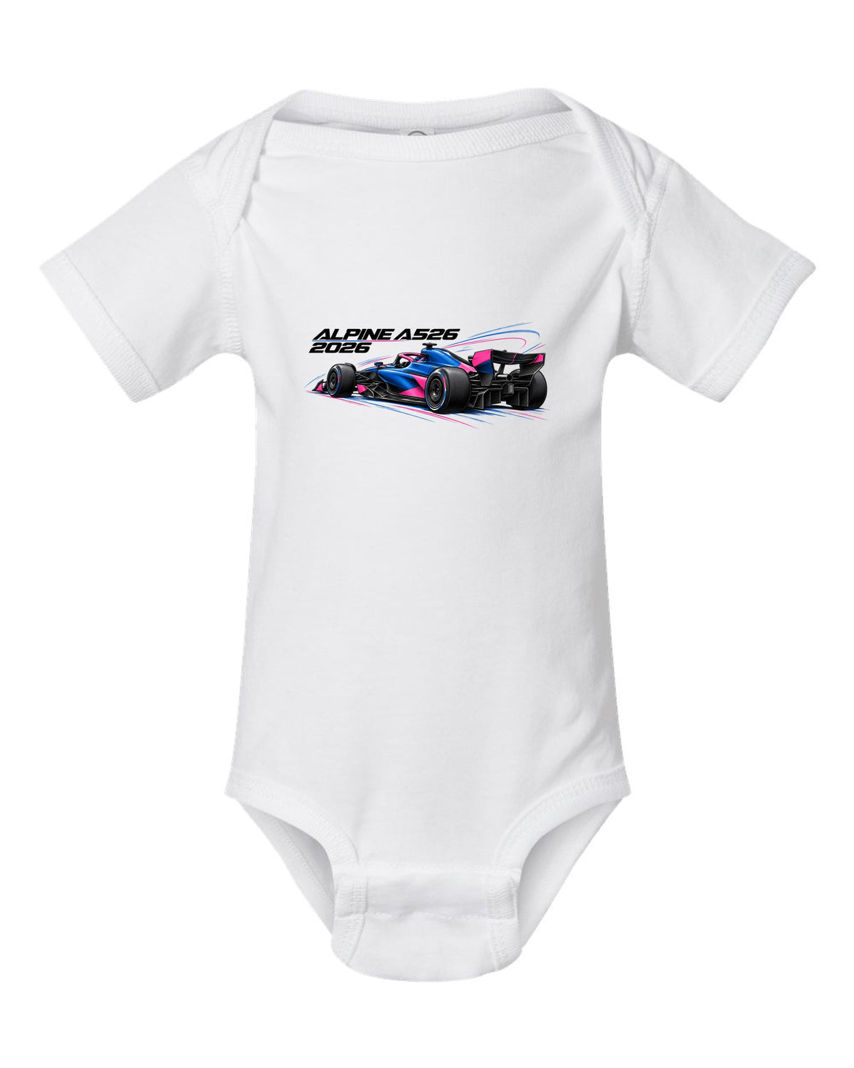 Alpine A526 2026 F1 car technical poster artwork white baby onesie front view with the design