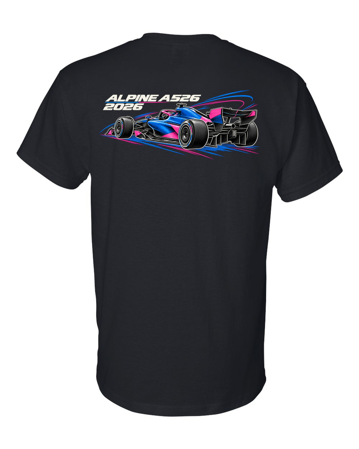 Alpine A526 2026 F1 car technical poster artwork black t-shirt back view with the design