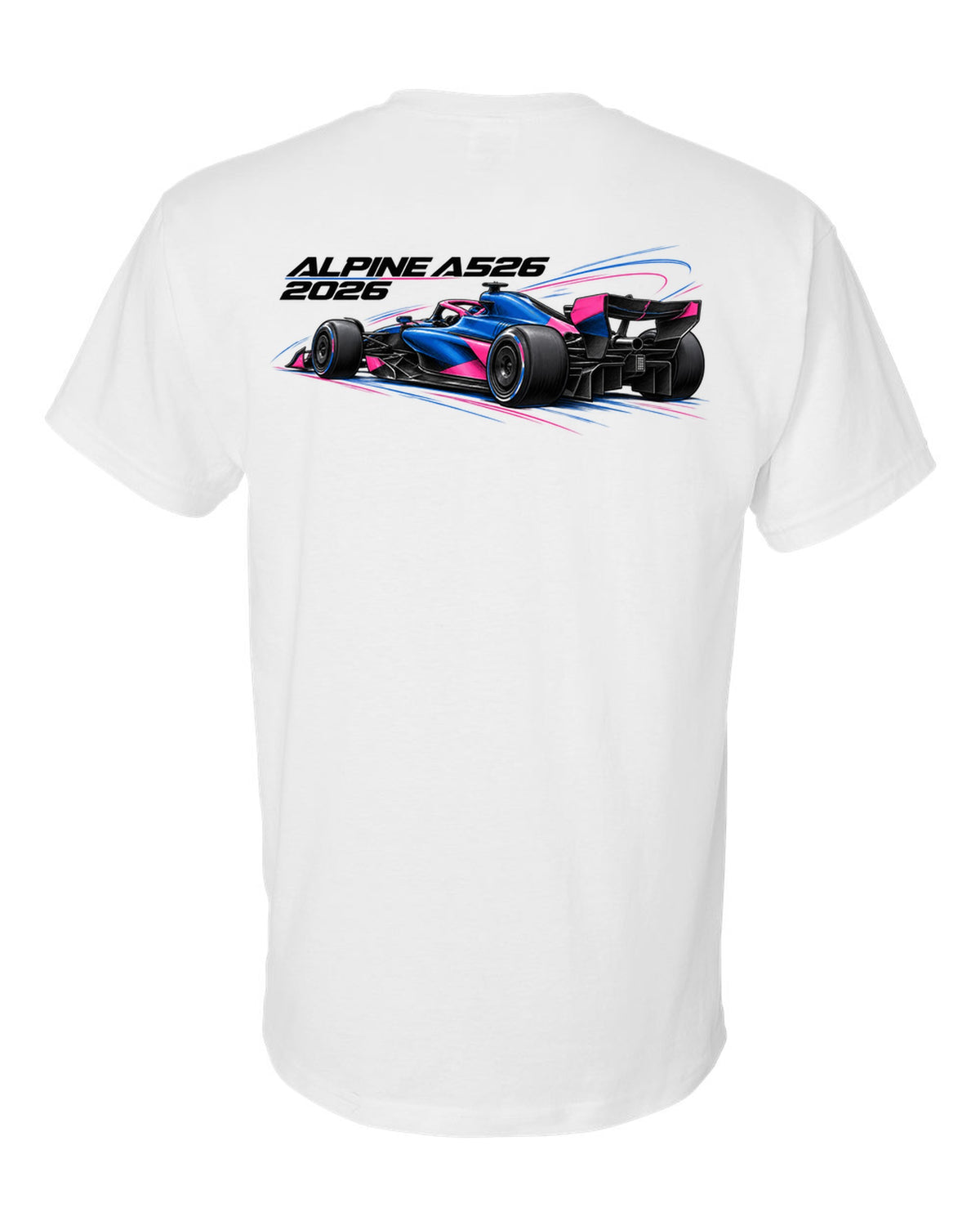Alpine A526 2026 F1 car technical poster artwork white t-shirt back view with the design