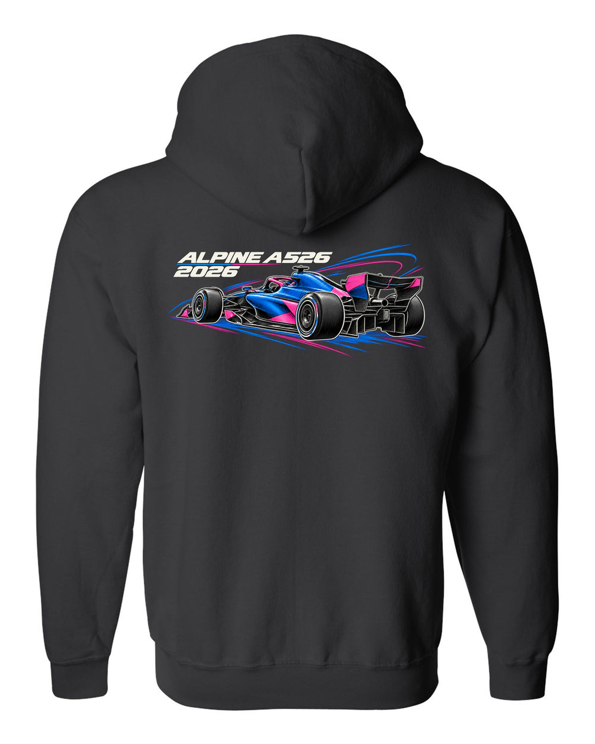 Alpine A526 2026 F1 car technical poster artwork black zip hoodie back view with the design