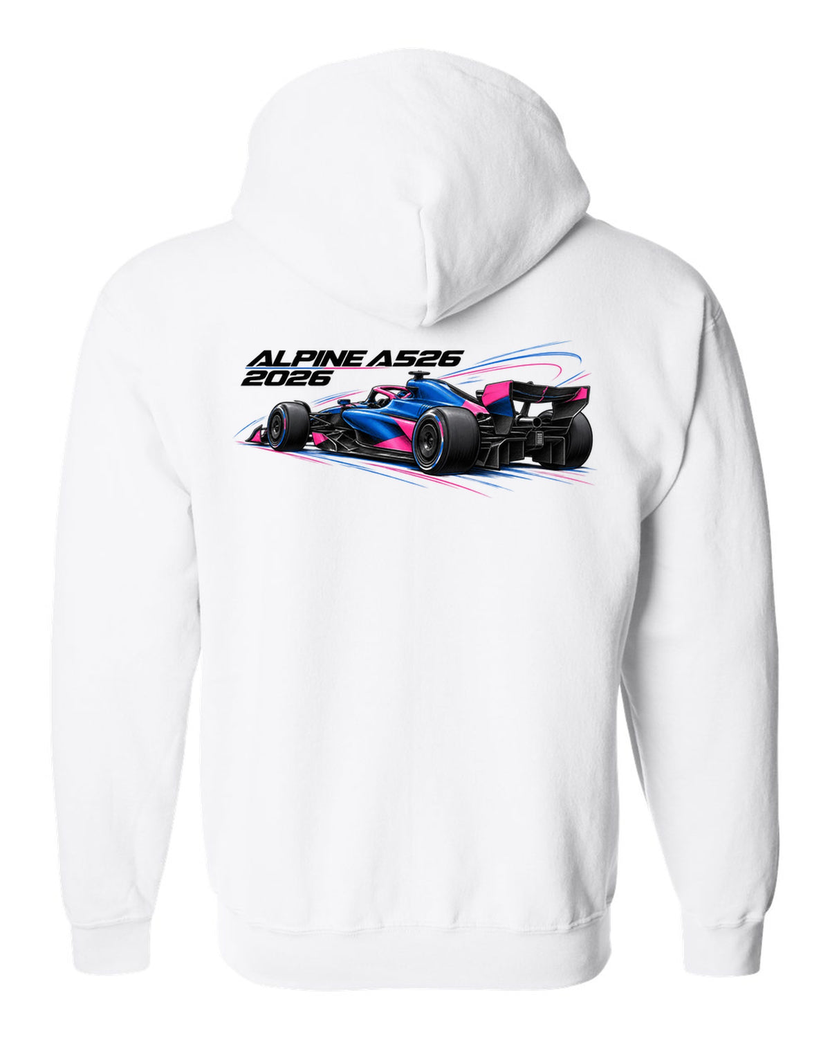 Alpine A526 2026 F1 car technical poster artwork white zip hoodie back view with the design