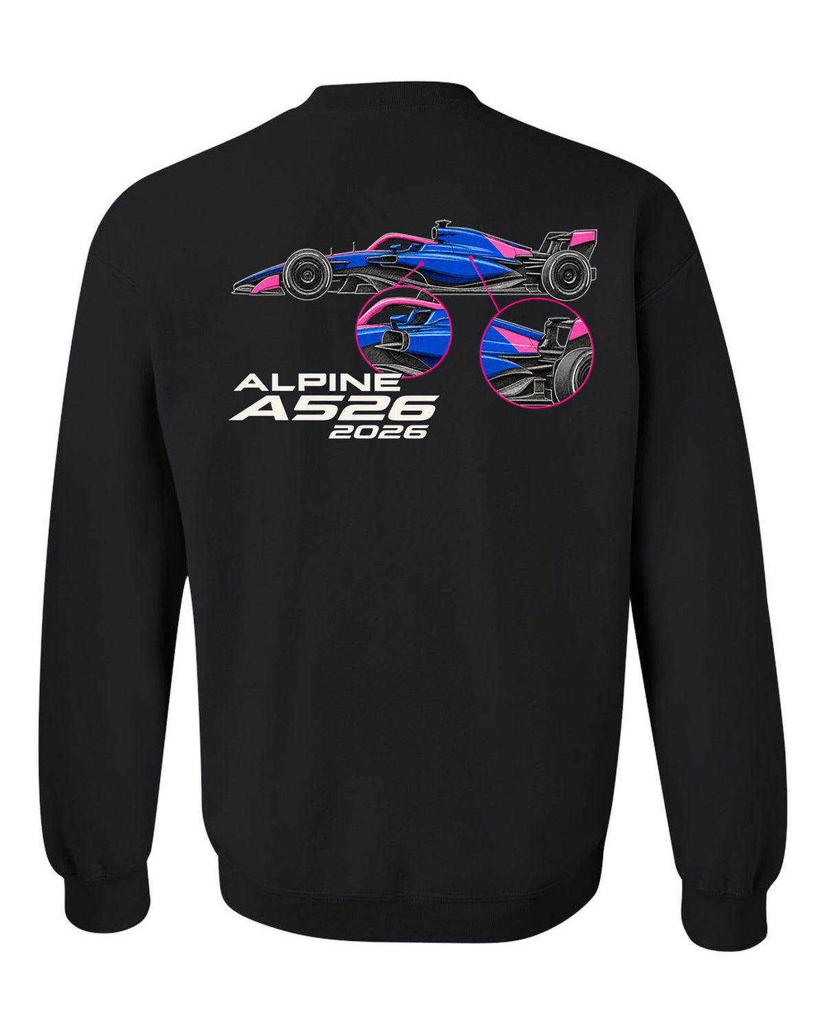 Alpine A526 2026 F1 car technical poster artwork black crewneck back view with the design