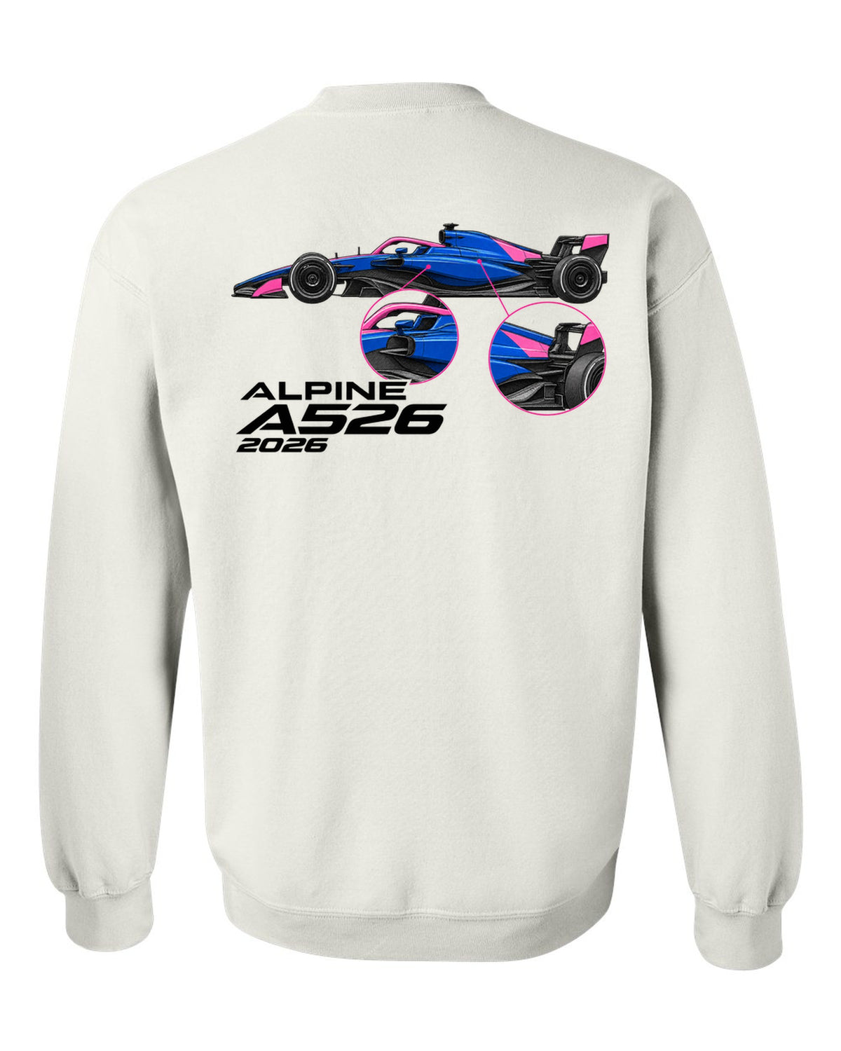 Alpine A526 2026 F1 car technical poster artwork white crewneck back view with the design