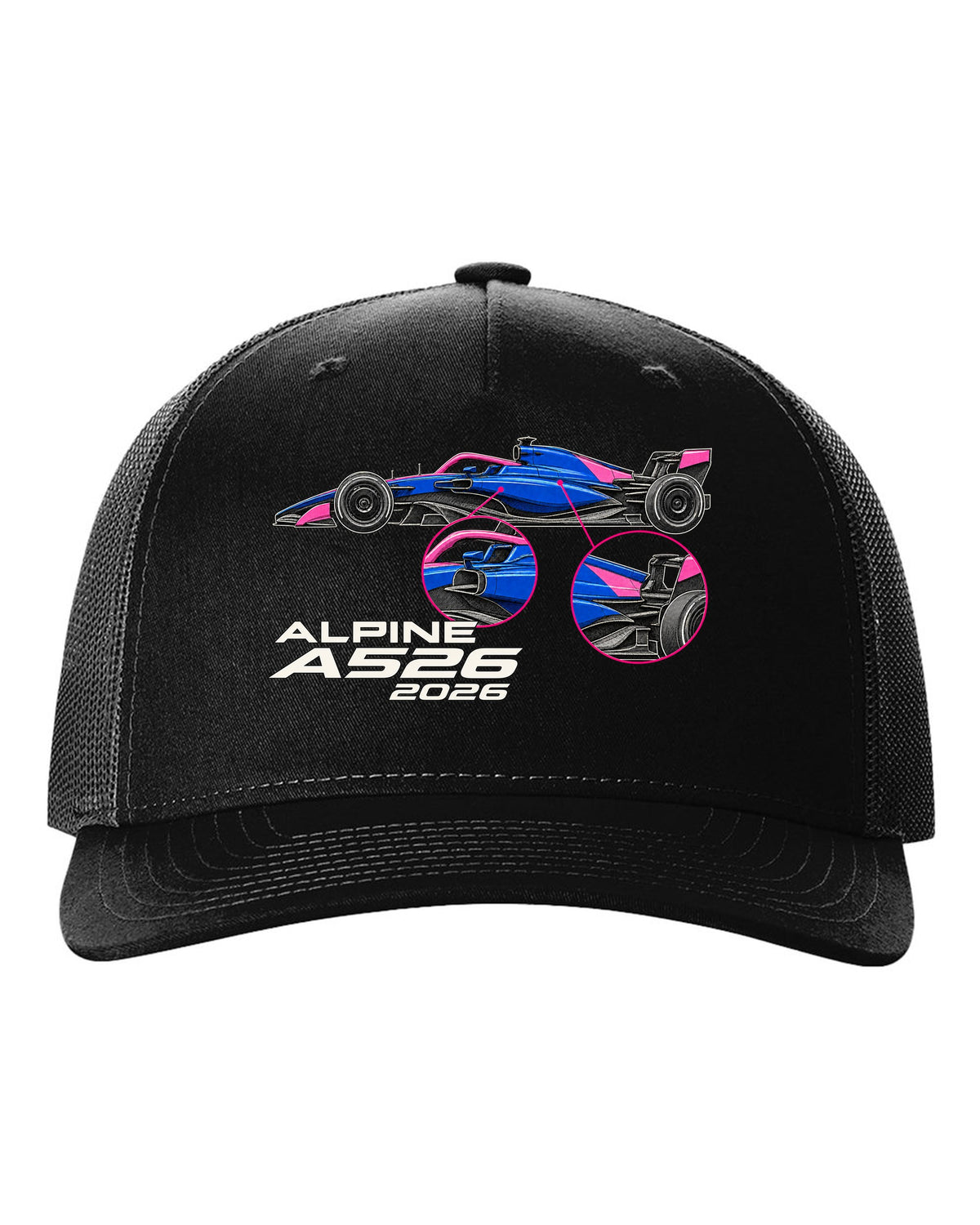 Alpine A526 2026 F1 car technical poster artwork black hat front view with the design
