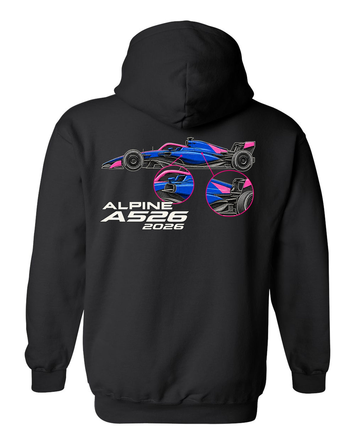 Alpine A526 2026 F1 car technical poster artwork black pull over hoodie back view with the design
