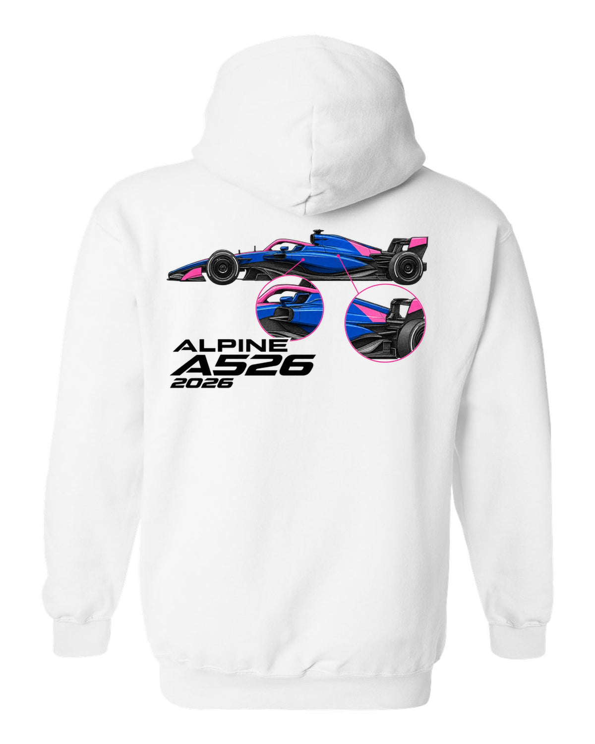 Alpine A526 2026 F1 car technical poster artwork white pull over hoodie back view with the design