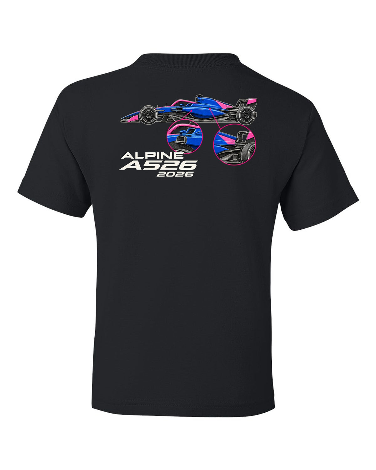 Alpine A526 2026 F1 car technical poster artwork black kids tee back view with the design