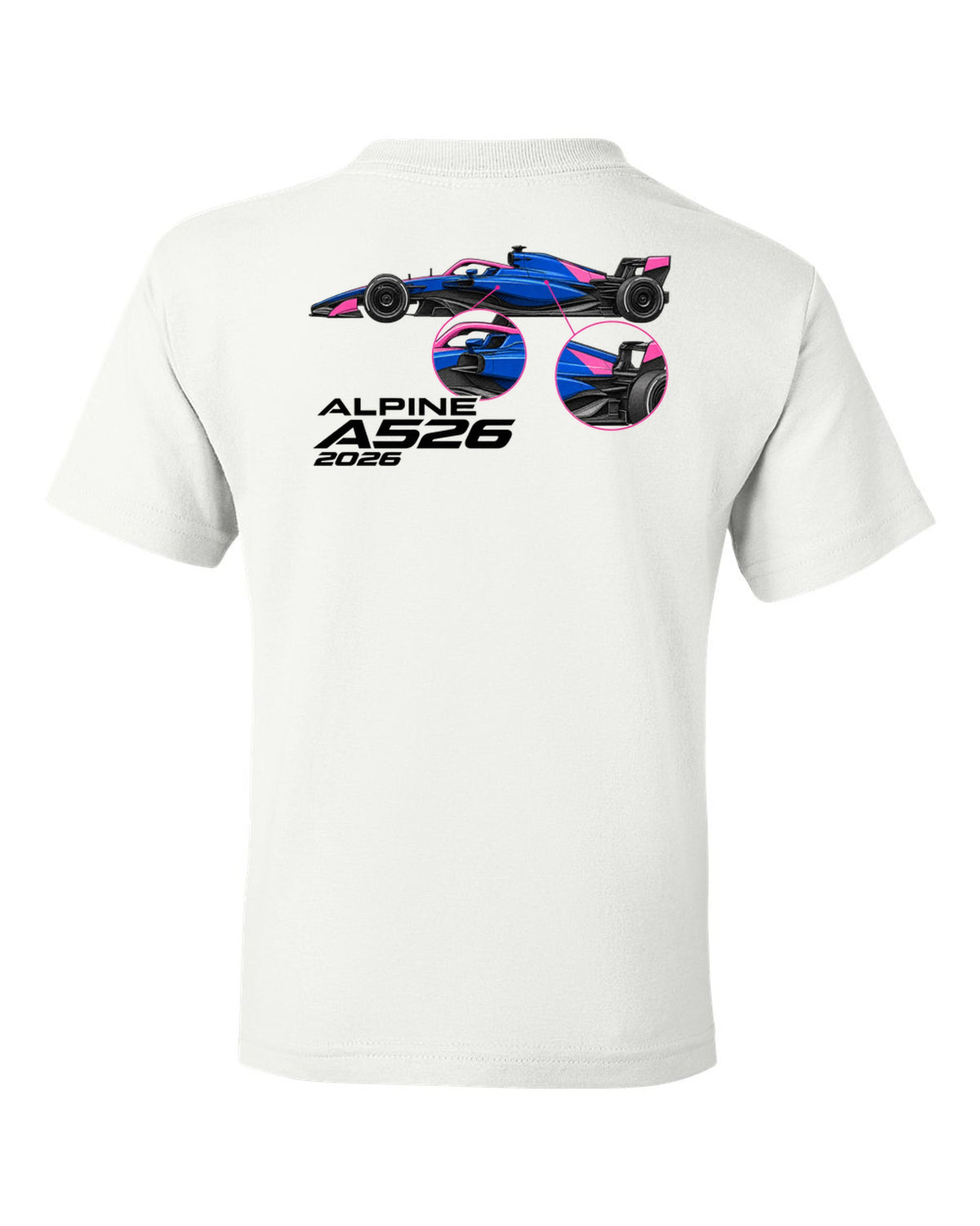 Alpine A526 2026 F1 car technical poster artwork white kids tee back view with the design