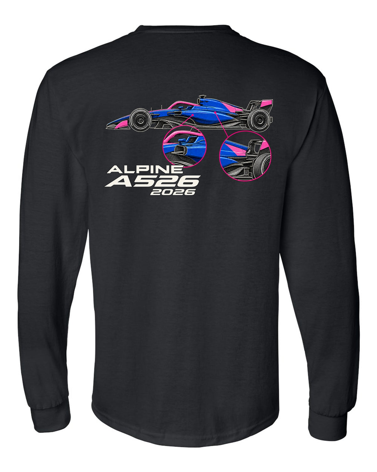 Alpine A526 2026 F1 car technical poster artwork black long sleeve back view with the design