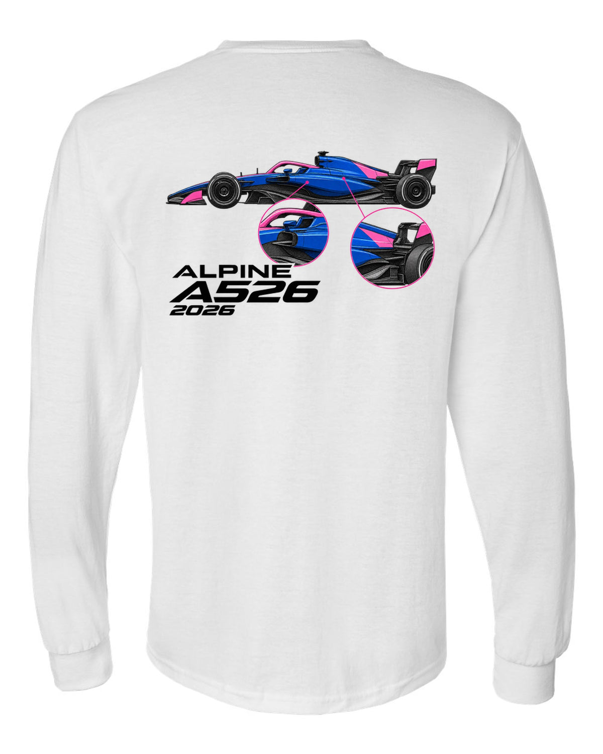 Alpine A526 2026 F1 car technical poster artwork white long sleeve back view with the design