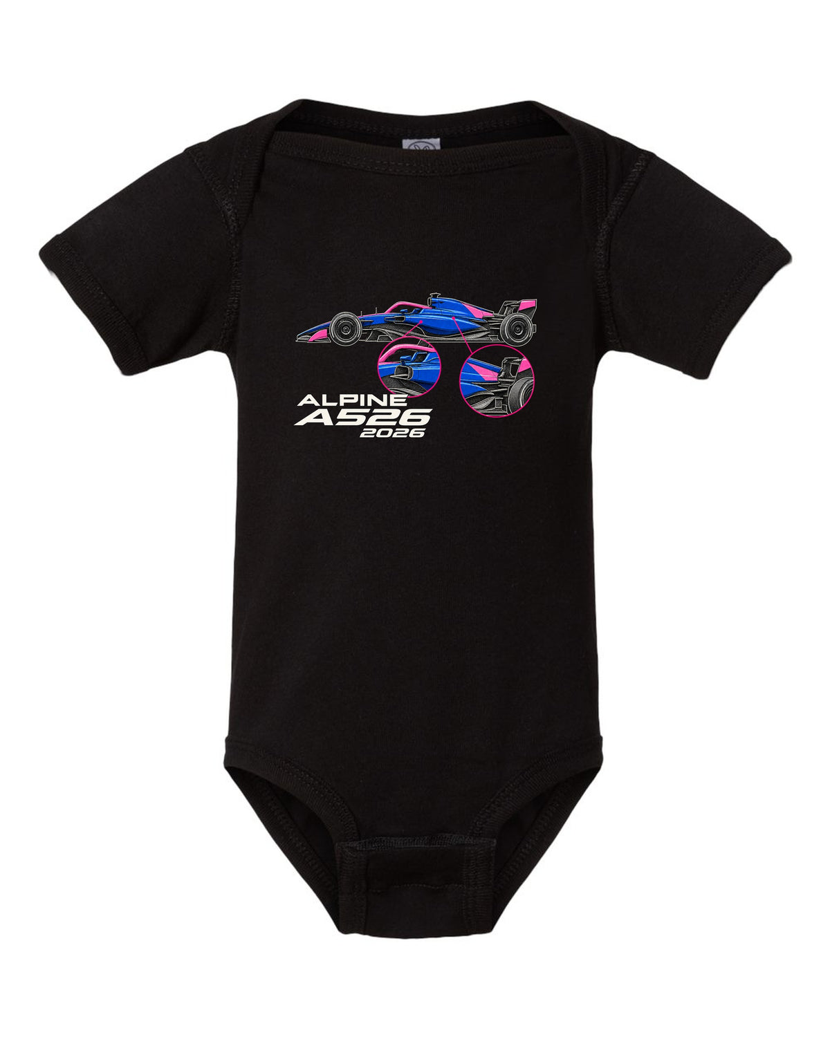 Alpine A526 2026 F1 car technical poster artwork black baby onesie front view with the design
