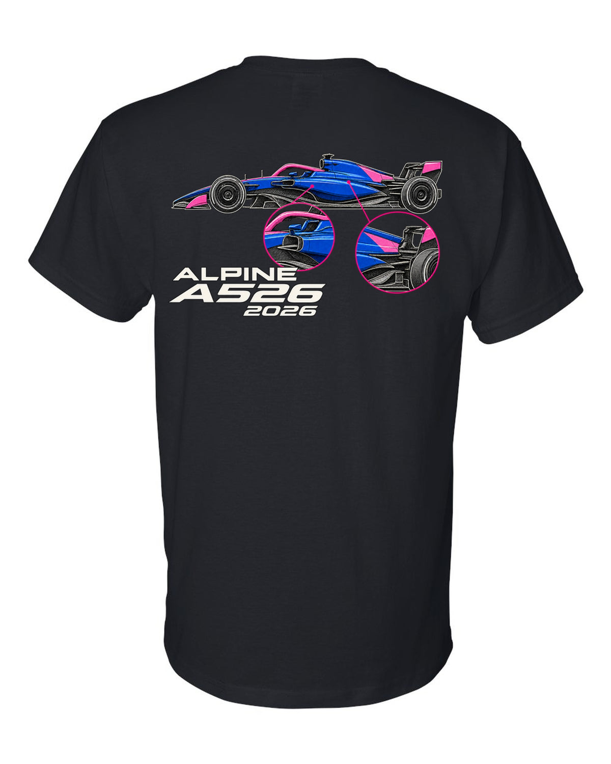 Alpine A526 2026 F1 car technical poster artwork black t-shirt back view with the design