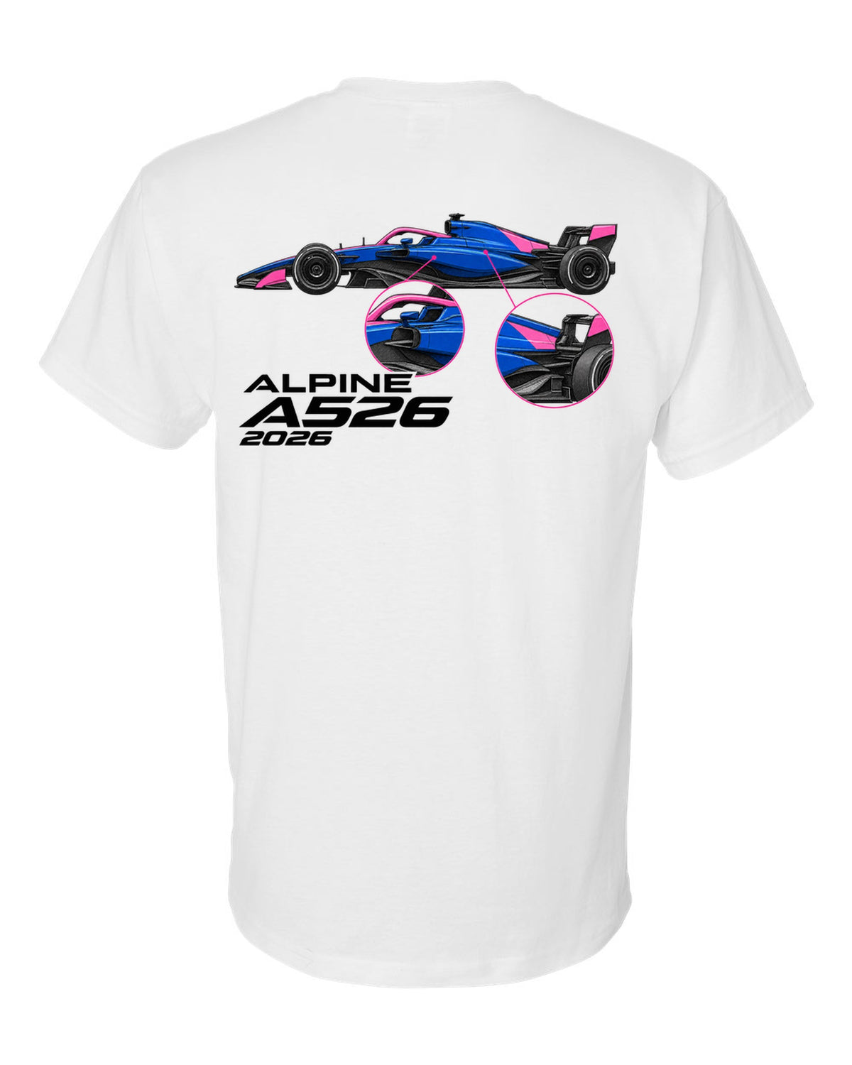 Alpine A526 2026 F1 car technical poster artwork white t-shirt back view with the design