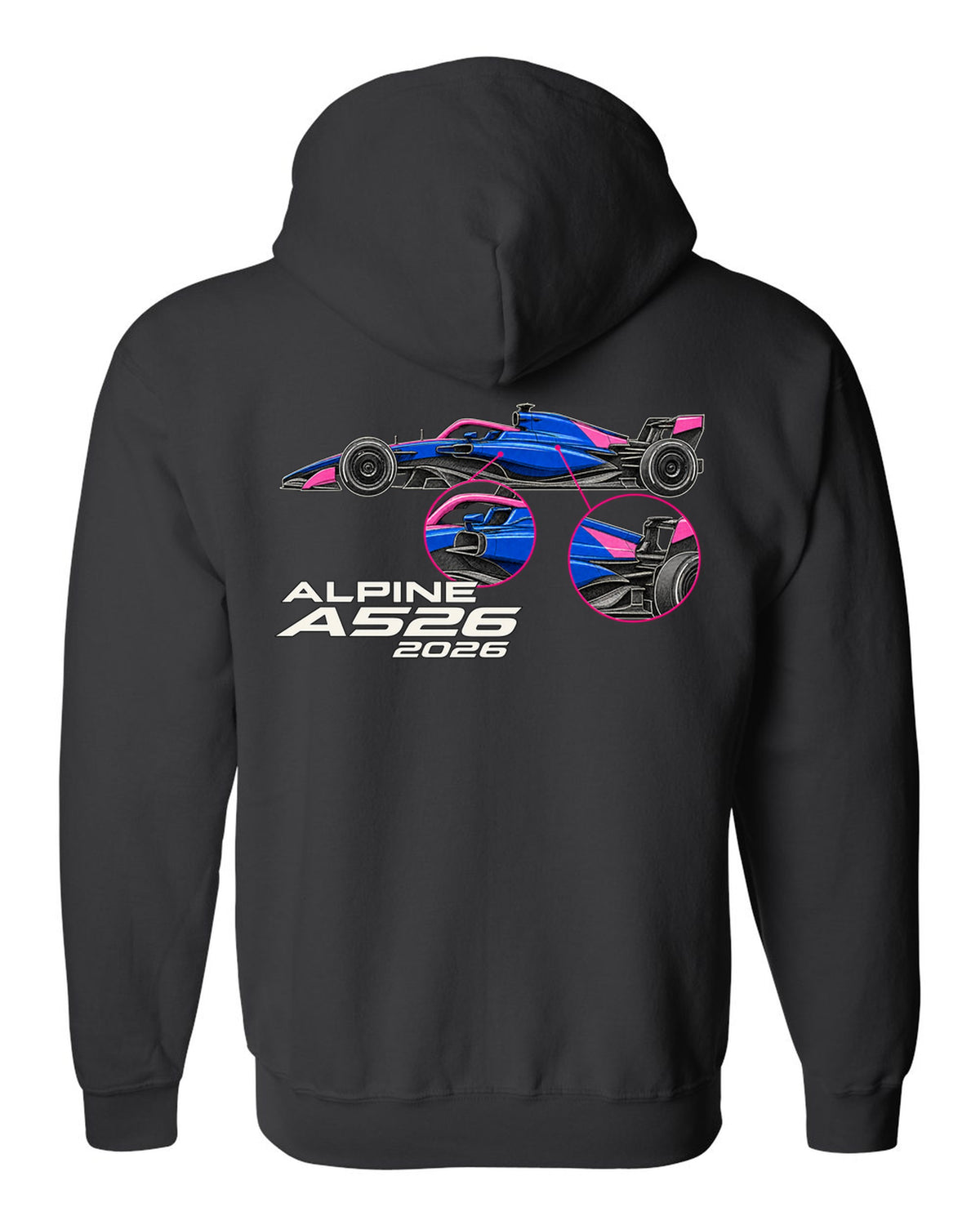 Alpine A526 2026 F1 car technical poster artwork black zip hoodie back view with the design
