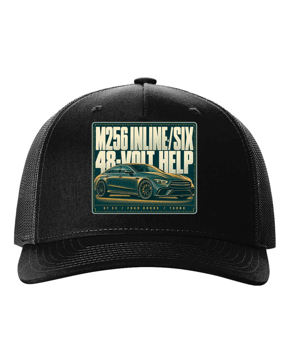 Mercedes-AMG GT 53 4-Door X290 teal and amber halftone print black hat front view with the design