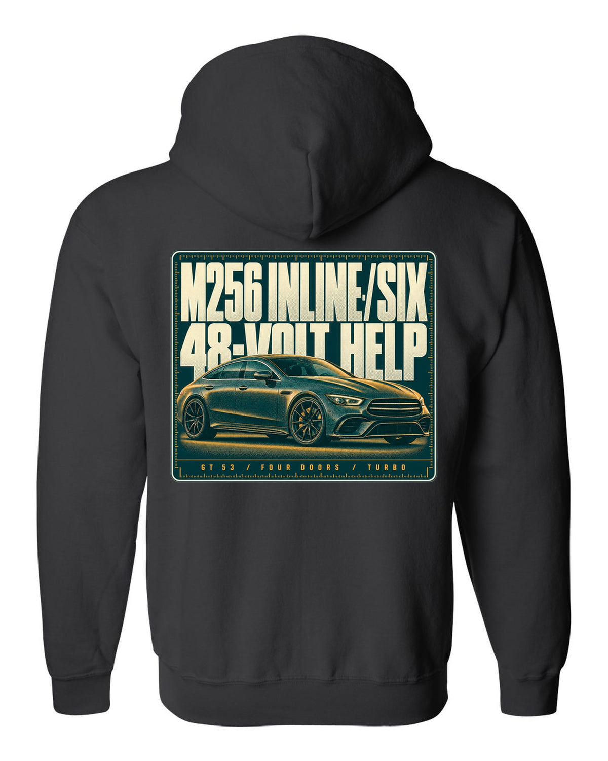 Mercedes-AMG GT 53 4-Door X290 teal and amber halftone print black zip hoodie back view with the design