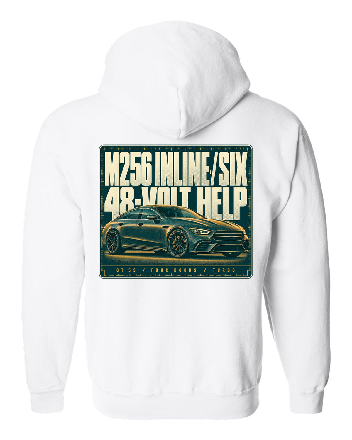 Mercedes-AMG GT 53 4-Door X290 teal and amber halftone print white zip hoodie back view with the design