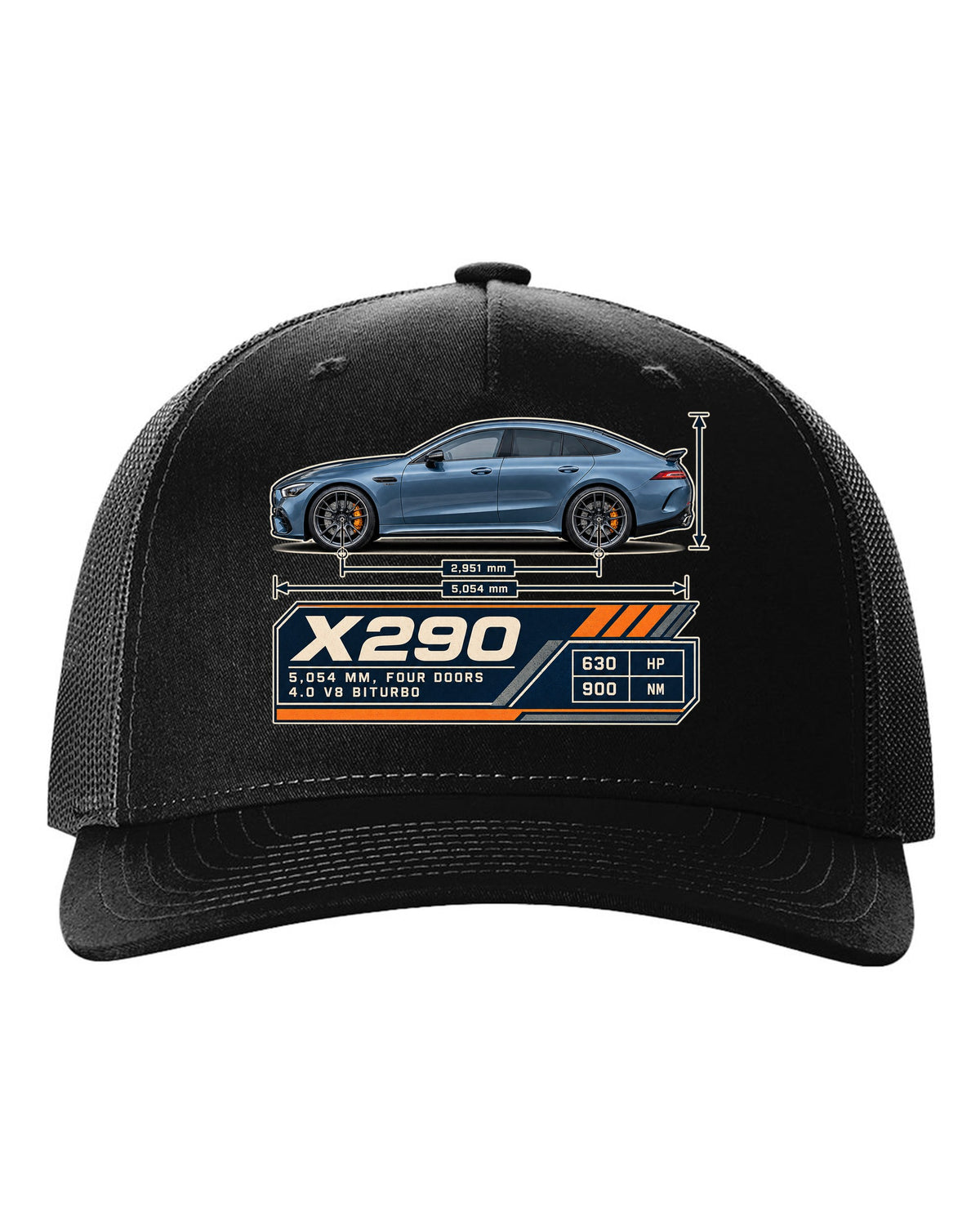 Mercedes-AMG GT 63 S 4-Door X290 steel blue blueprint print black hat front view with the design