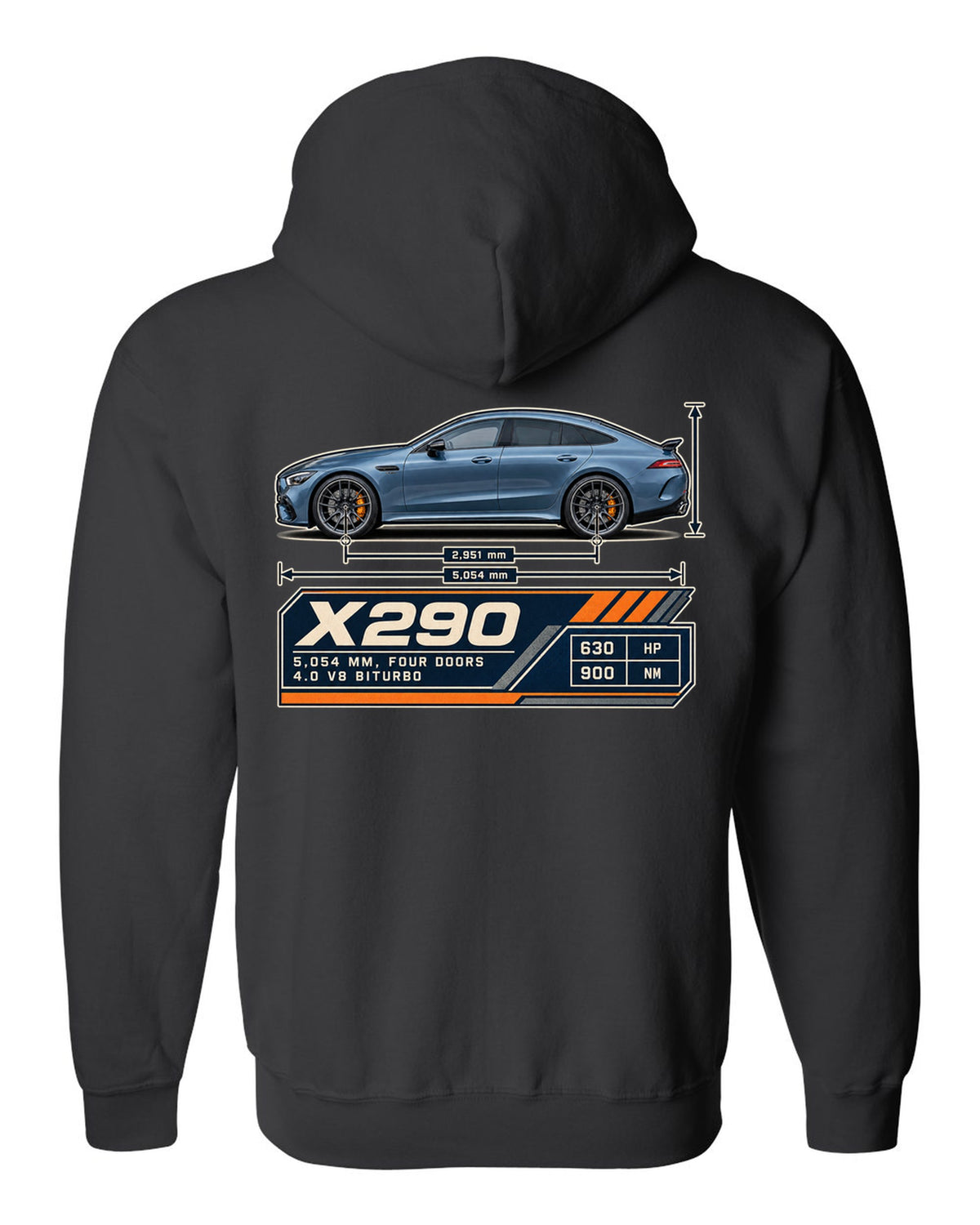 Mercedes-AMG GT 63 S 4-Door X290 steel blue blueprint print black zip hoodie back view with the design