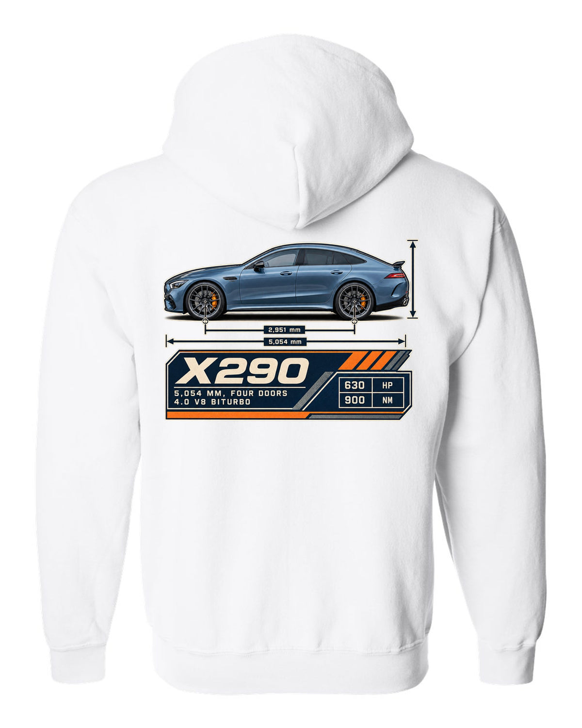Mercedes-AMG GT 63 S 4-Door X290 steel blue blueprint print white zip hoodie back view with the design