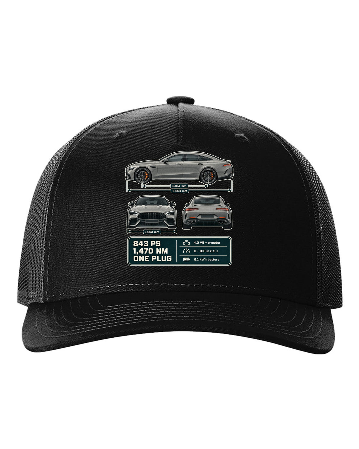 Mercedes-AMG GT 63 S E Performance 4-Door three-view warm grey print black hat front view with the design