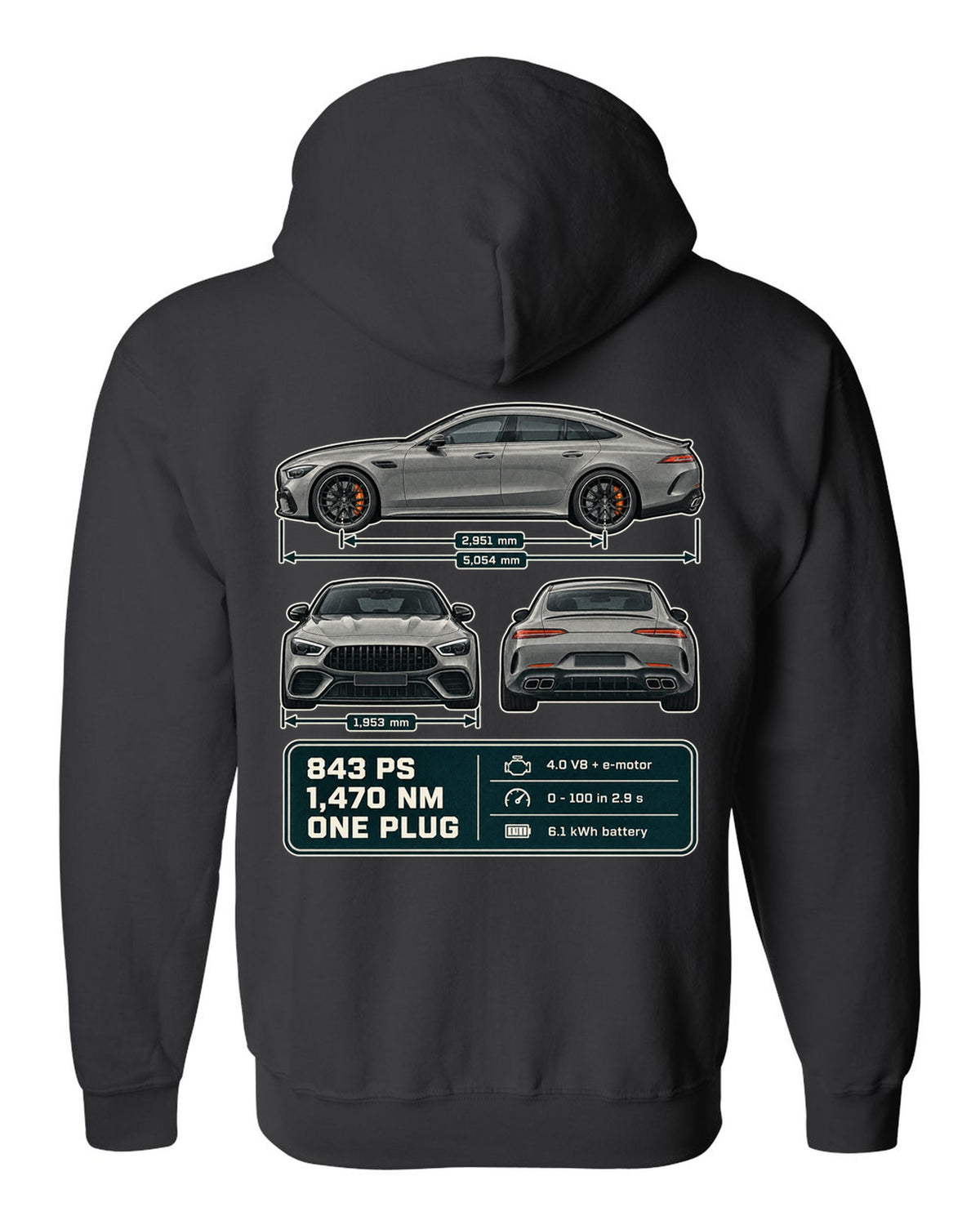 Mercedes-AMG GT 63 S E Performance 4-Door three-view warm grey print black zip hoodie back view with the design
