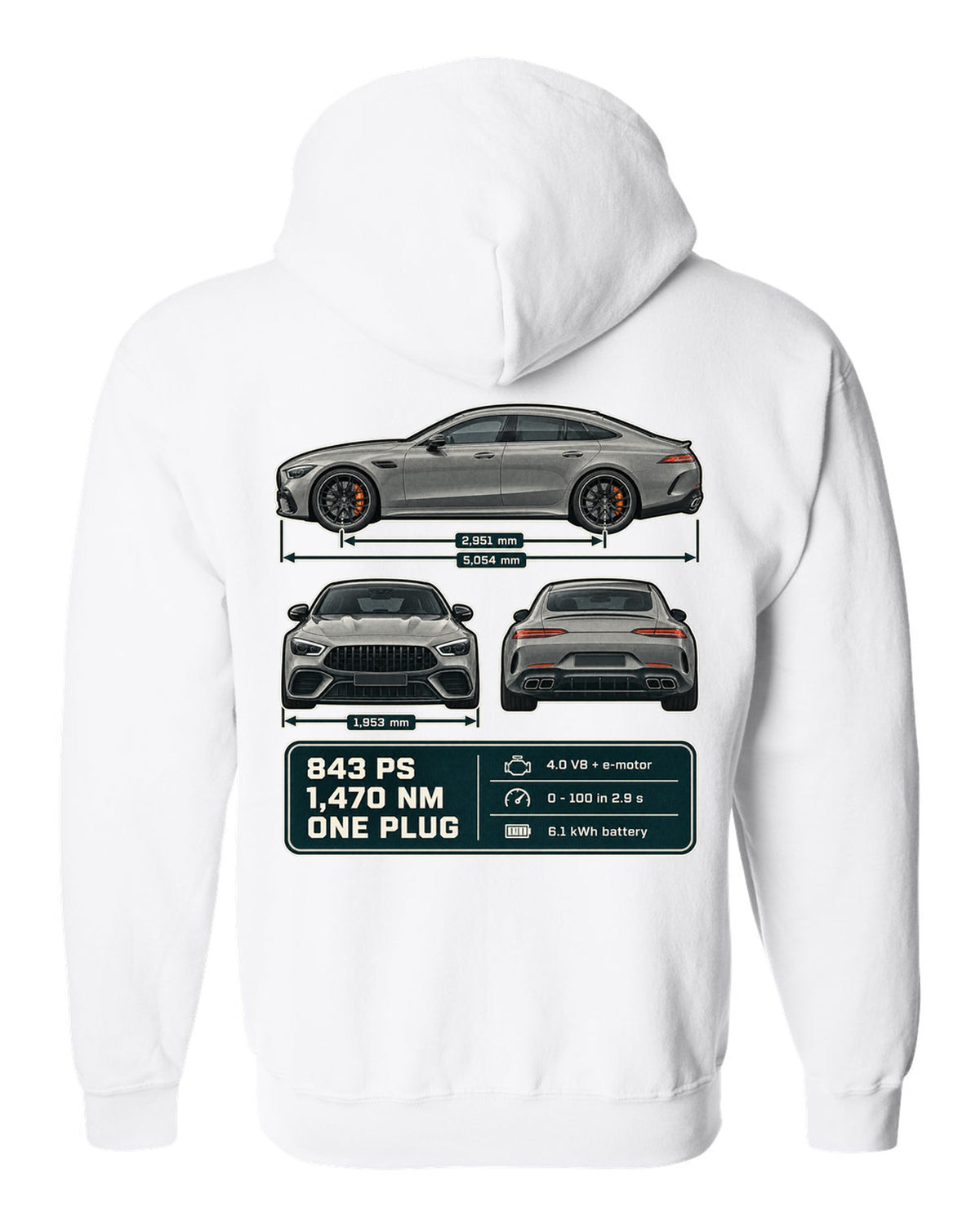 Mercedes-AMG GT 63 S E Performance 4-Door three-view warm grey print white zip hoodie back view with the design