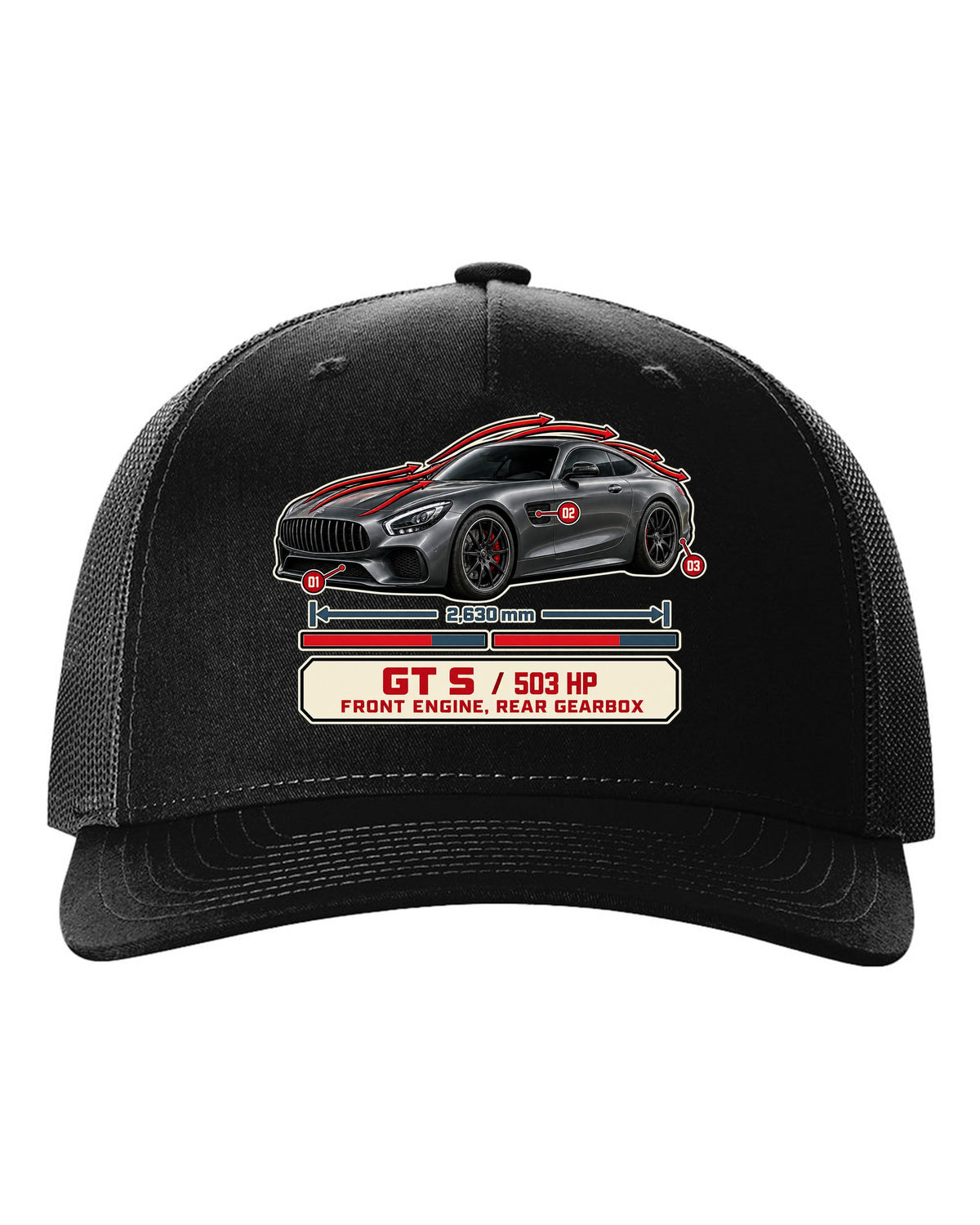 Mercedes-AMG GT S C190 aero cutaway callouts print black hat front view with the design