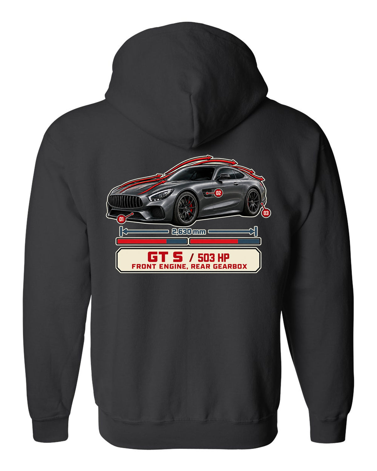 Mercedes-AMG GT S C190 aero cutaway callouts print black zip hoodie back view with the design