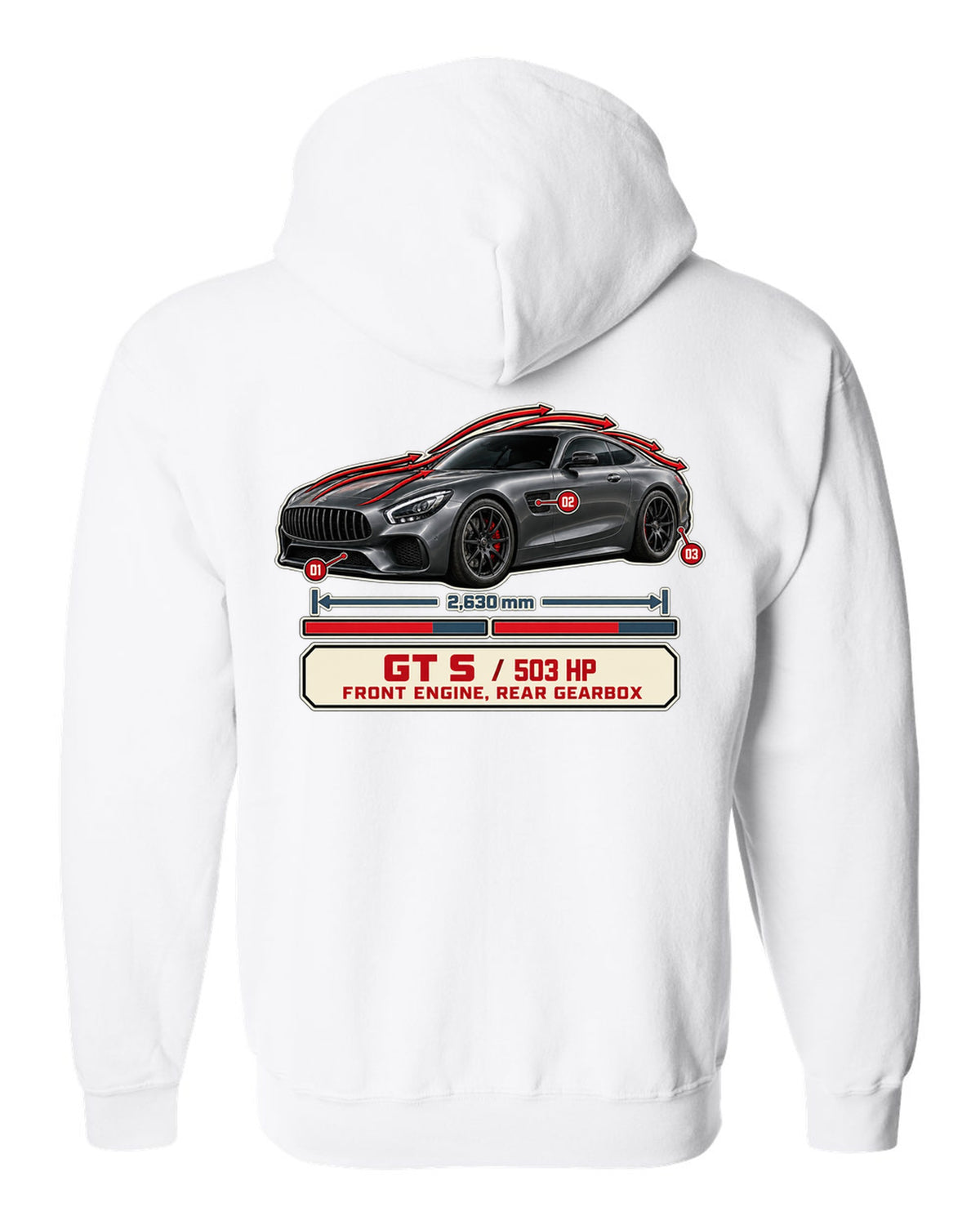 Mercedes-AMG GT S C190 aero cutaway callouts print white zip hoodie back view with the design