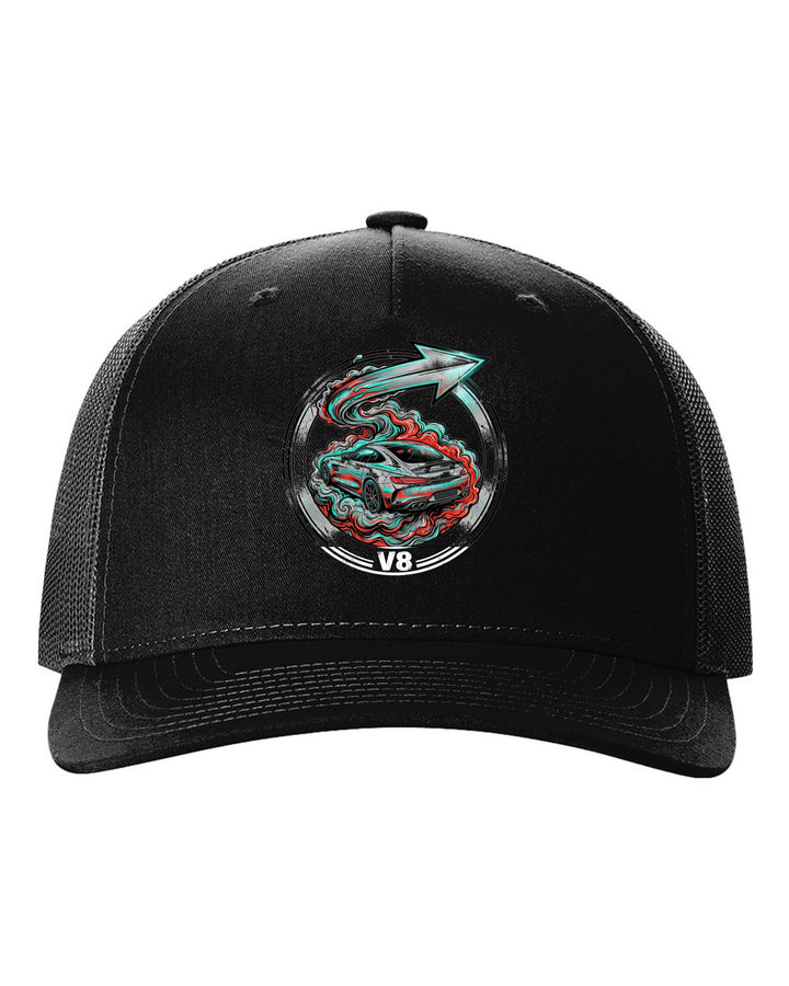 Mercedes-AMG GT Silver Arrow black trucker hat front view with the design