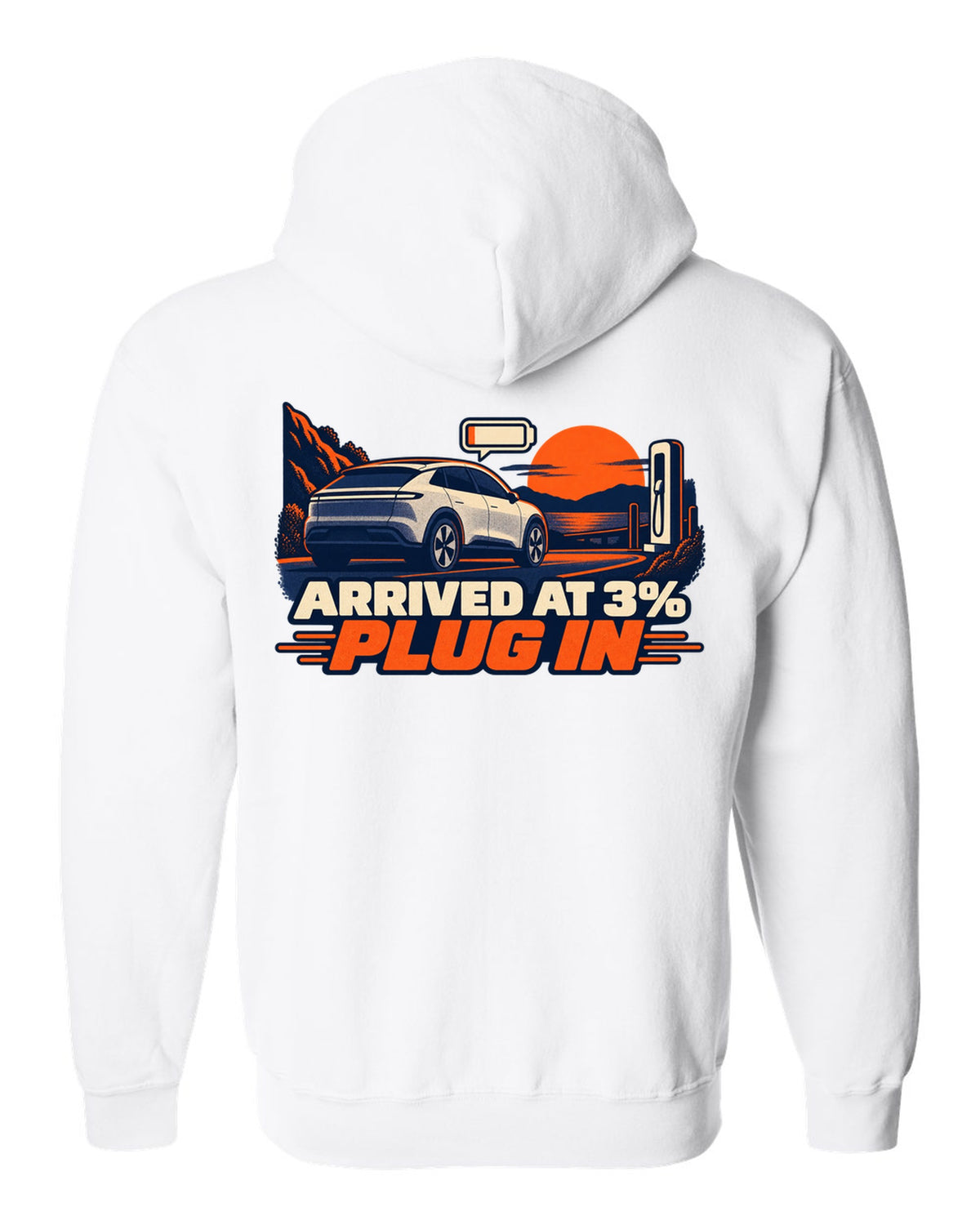 Risograph duotone print of a Tesla Model Y Juniper reading Arrived at 3% Plug In white zip hoodie back view with the design