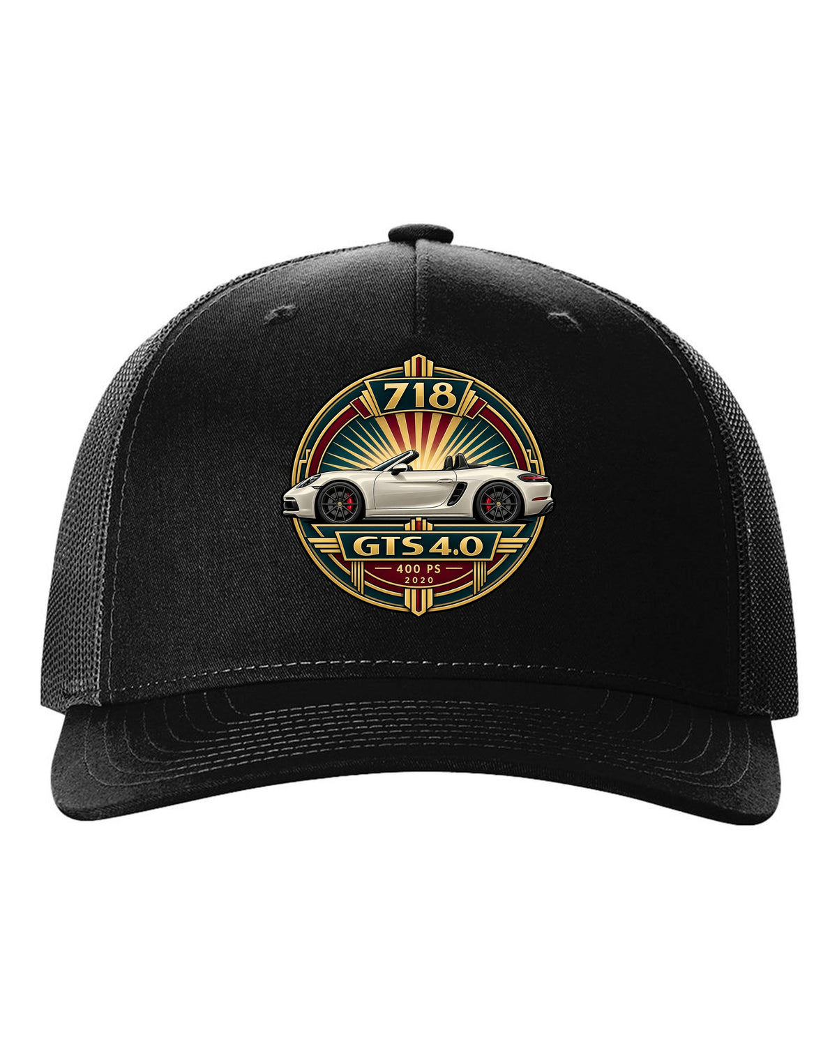 Art deco poster crest design for the Porsche 718 Boxster GTS 4.0 with 400 PS and 2020 lettering black hat front view with the design