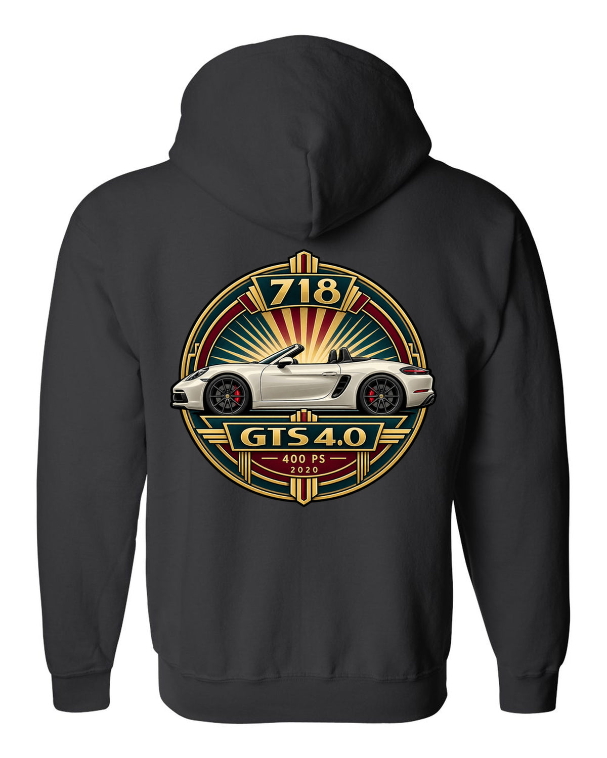 Art deco poster crest design for the Porsche 718 Boxster GTS 4.0 with 400 PS and 2020 lettering black zip hoodie back view with the design
