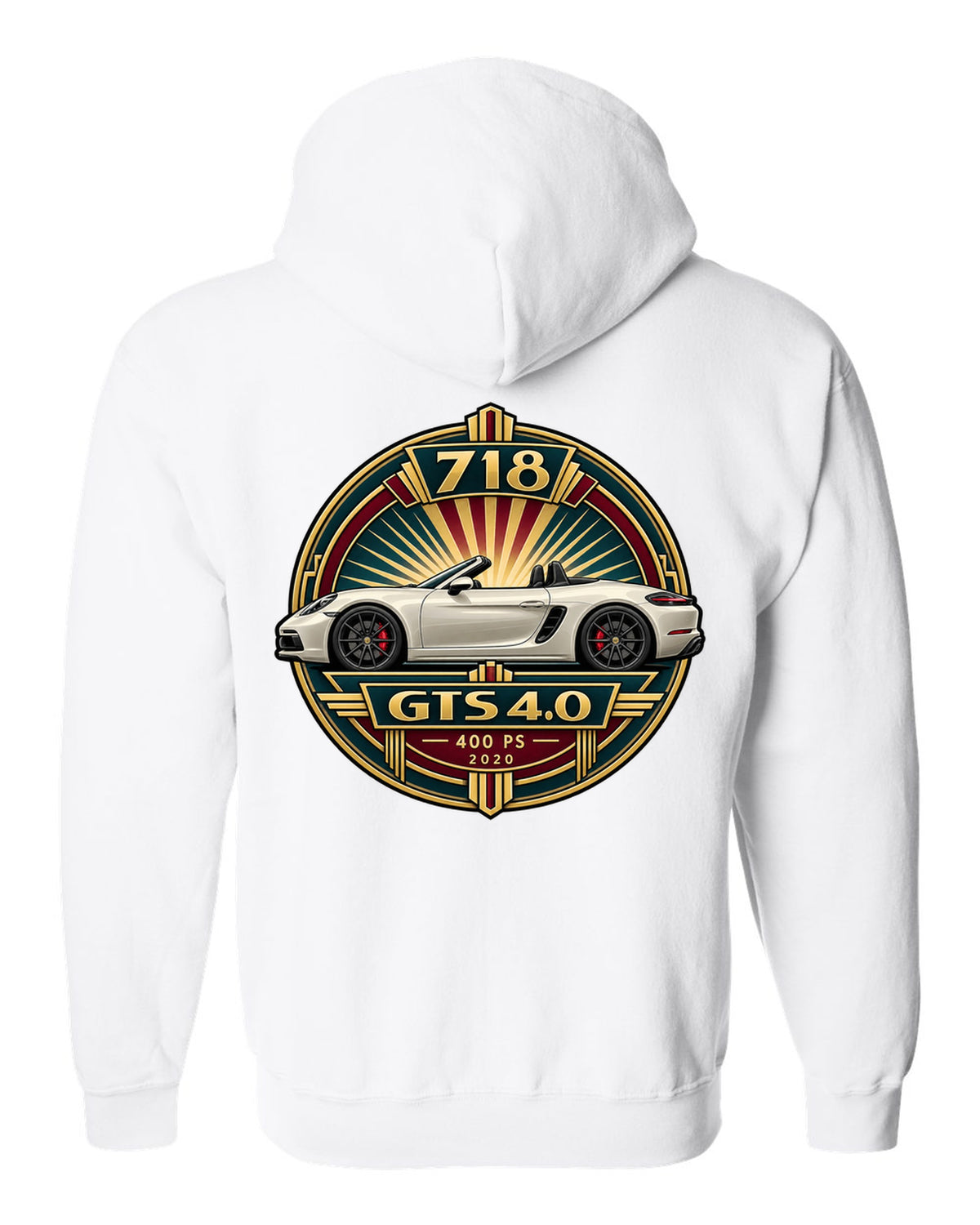 Art deco poster crest design for the Porsche 718 Boxster GTS 4.0 with 400 PS and 2020 lettering white zip hoodie back view with the design