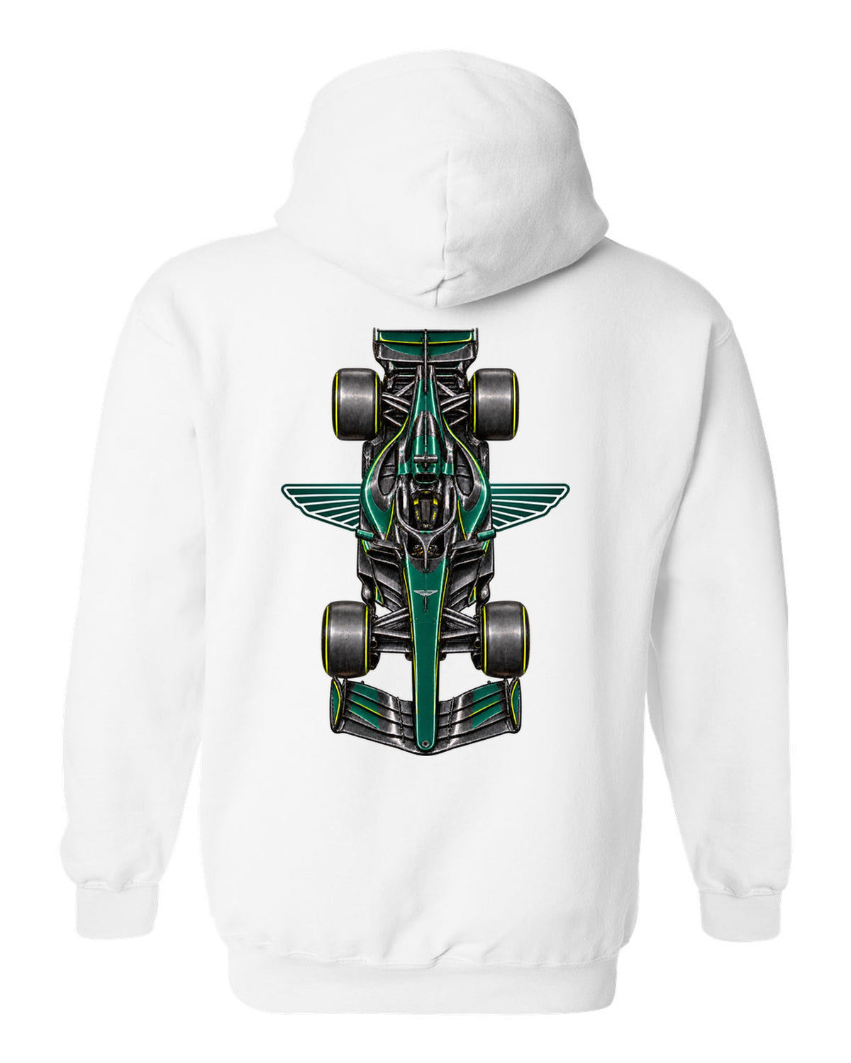 Aston Martin AMR26 Formula 1 overhead poster artwork white pull over hoodie back view with the design