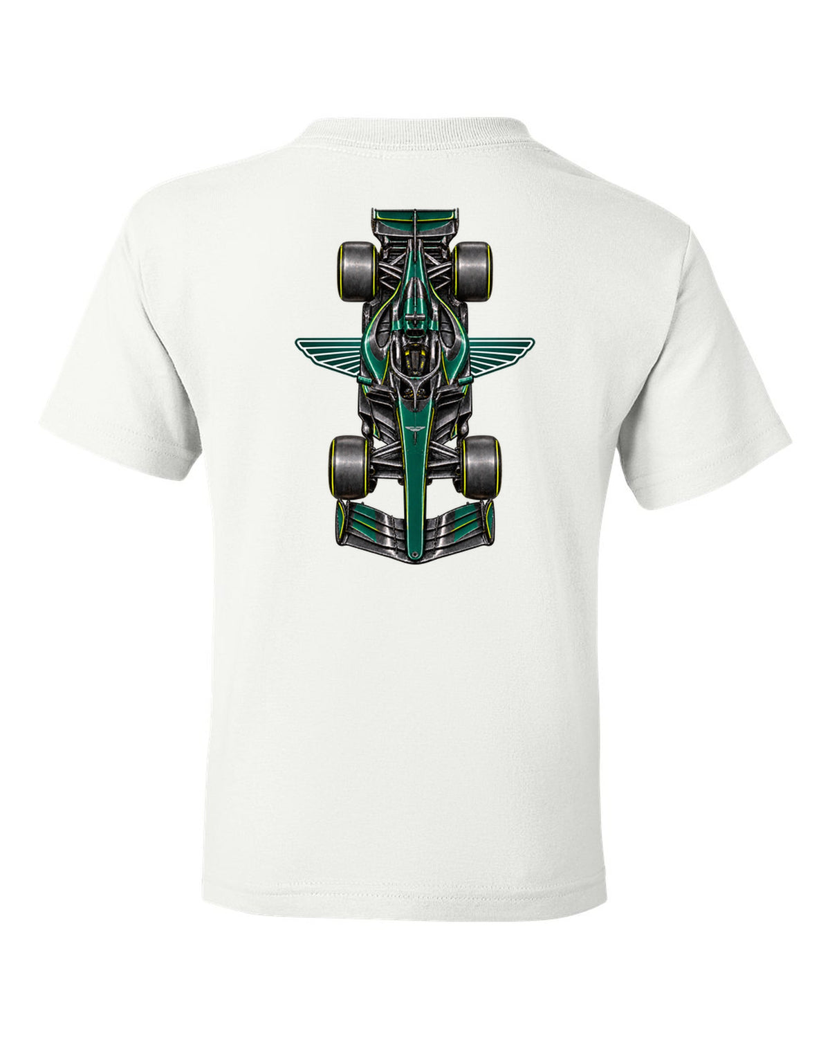 Aston Martin AMR26 Formula 1 overhead poster artwork white kids tee back view with the design