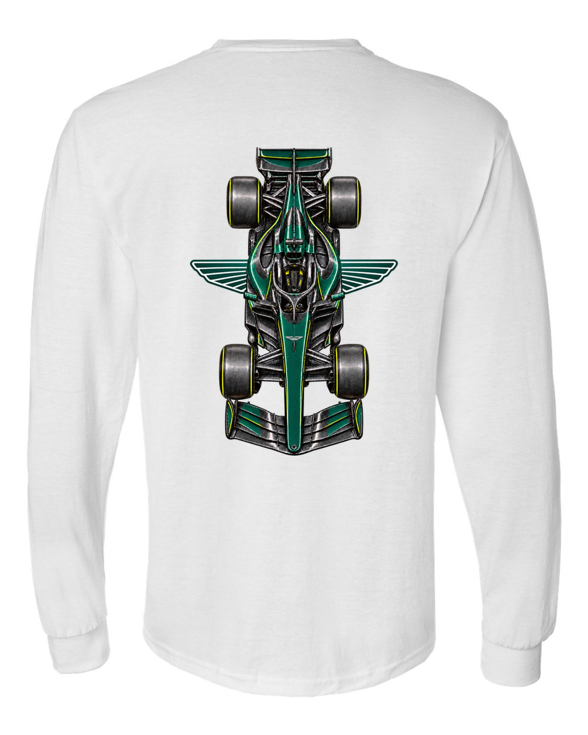 Aston Martin AMR26 Formula 1 overhead poster artwork white long sleeve back view with the design