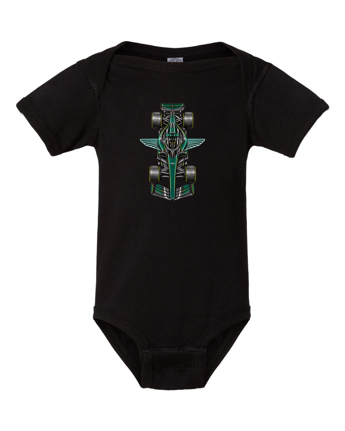 Aston Martin AMR26 Formula 1 overhead poster artwork black baby onesie front view with the design
