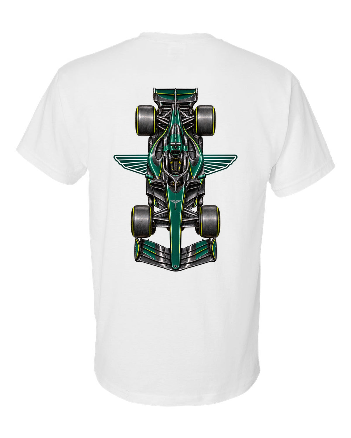 Aston Martin AMR26 Formula 1 overhead poster artwork white t-shirt back view with the design