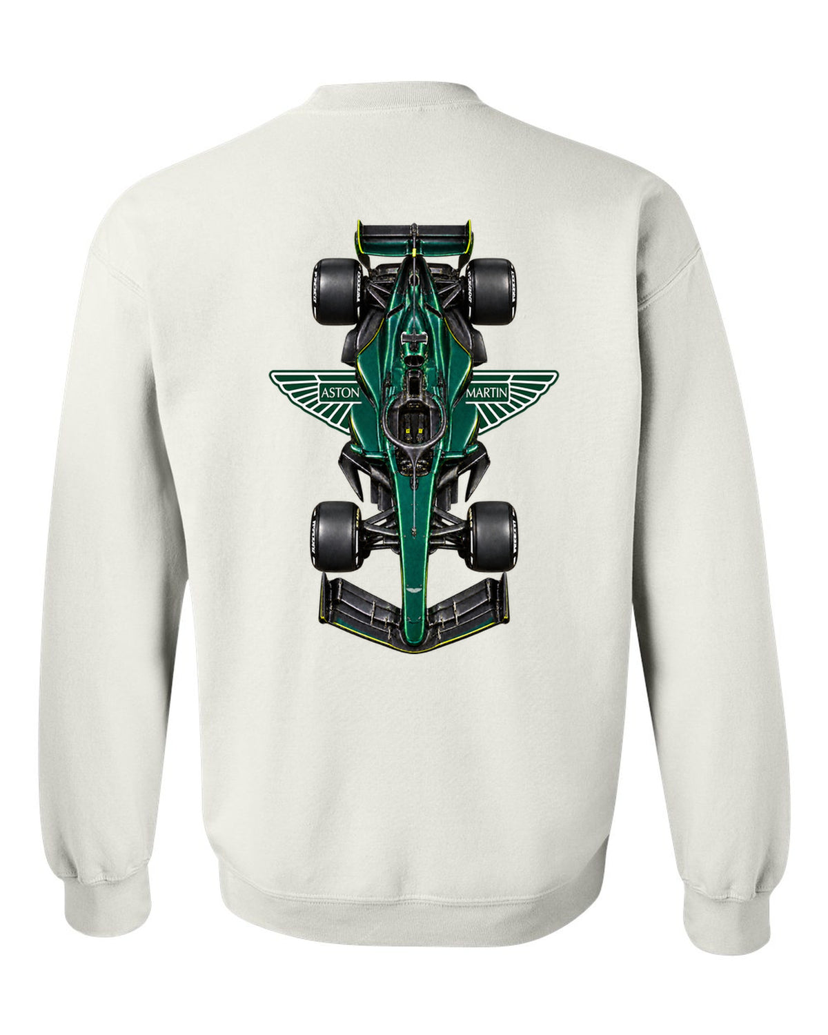 Aston Martin AMR26 Formula 1 overhead poster artwork white crewneck back view with the design